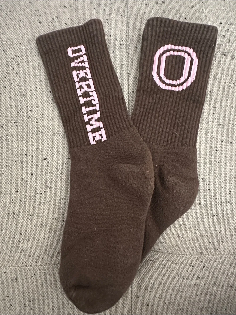 Overtime Brown Crew Socks with Pink 'O' and Text